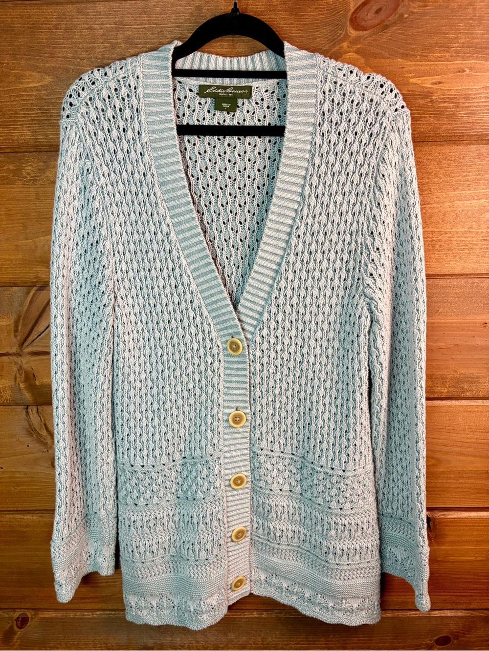 Eddie Bauer Light Dusty Blue Open-Knit Button Cardigan Sweater Size Large 💕